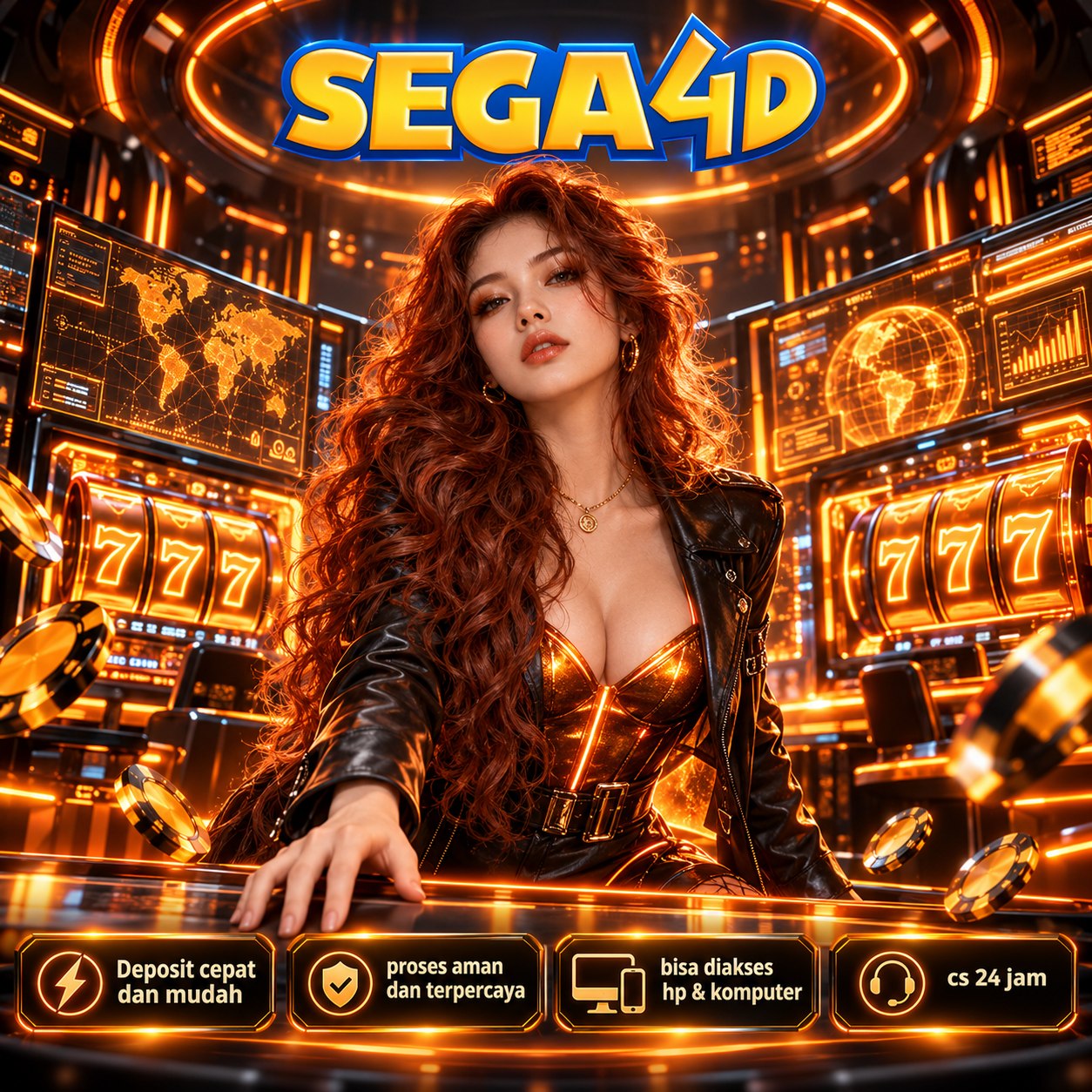 Poster SEGA4D dengan ilustrasi ruang hiburan digital bernuansa oranye dan emas